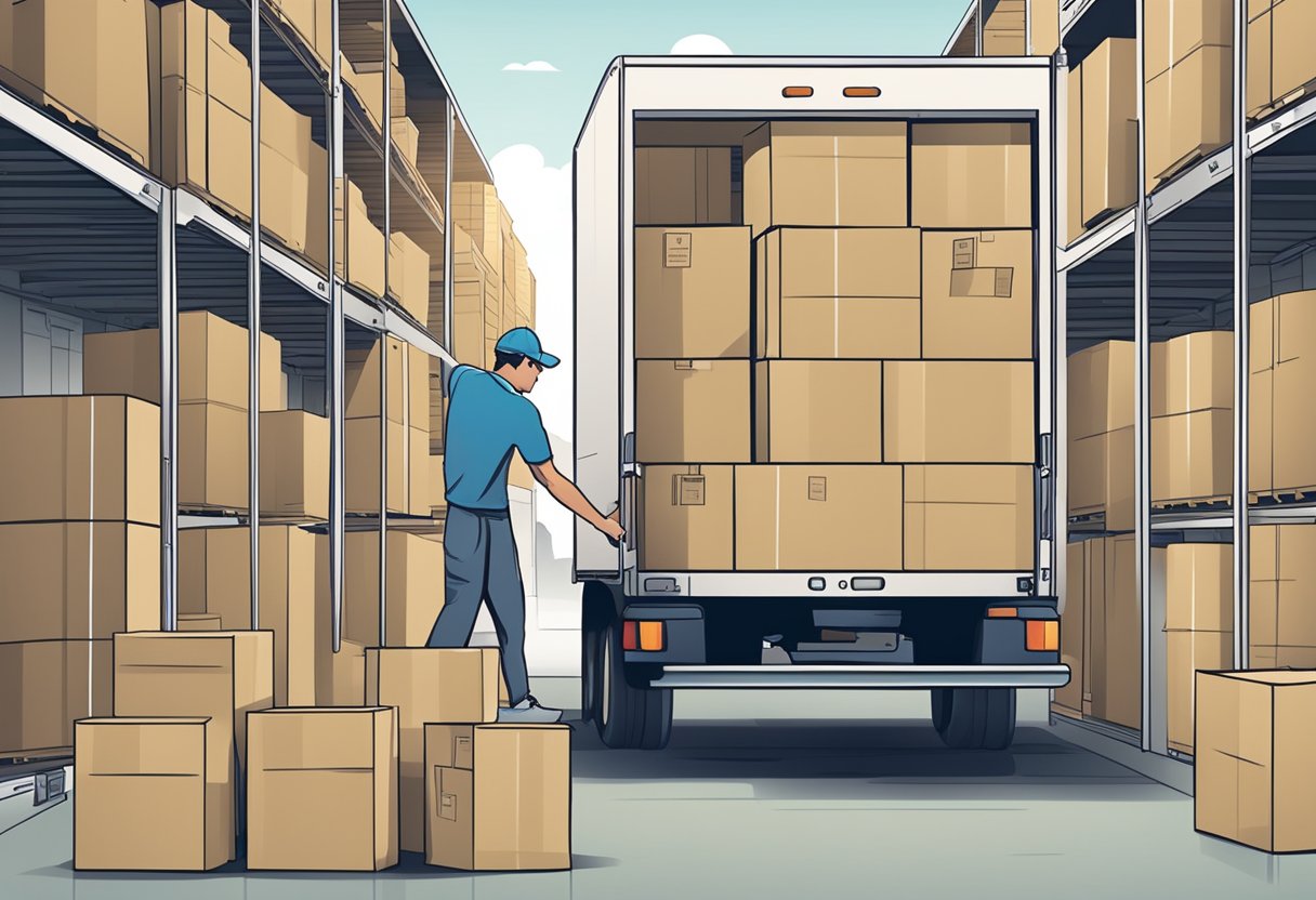 A man wearing a blue uniform loads a white van with boxes