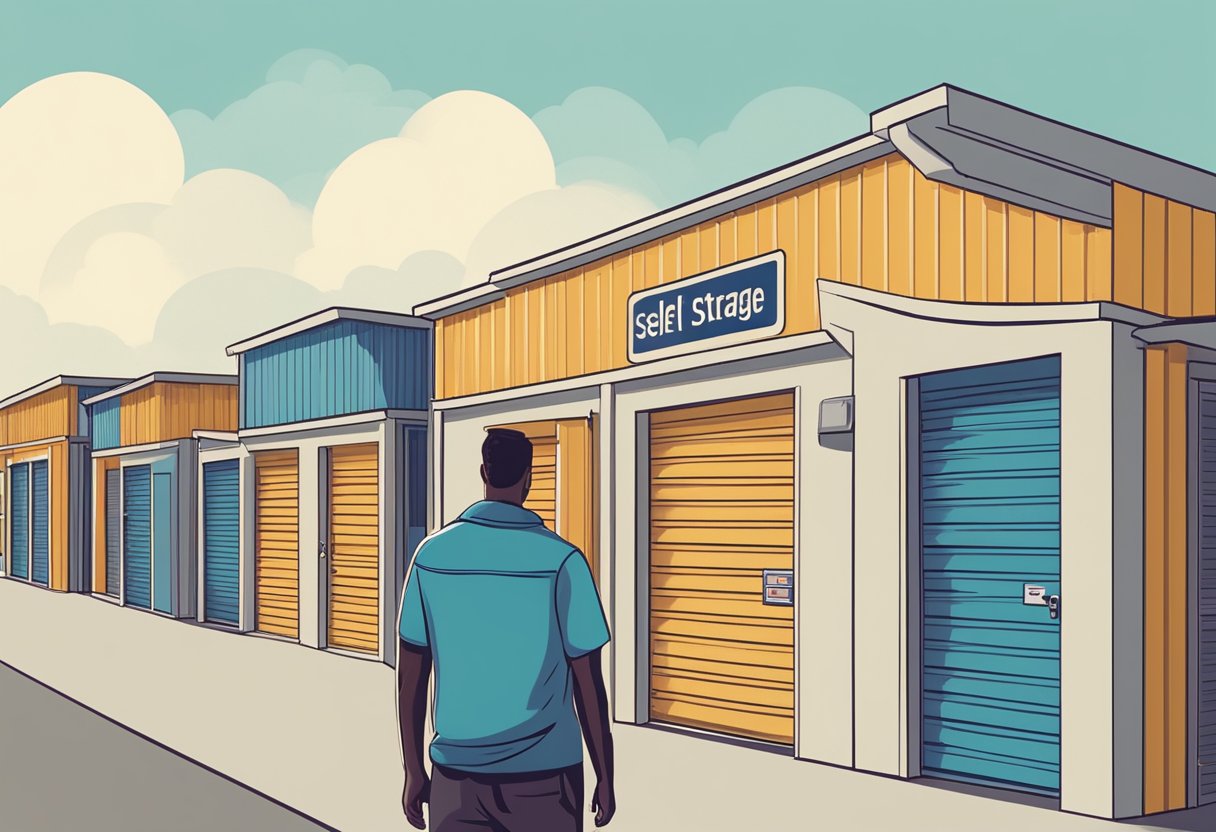 A man standing in front of self storage units