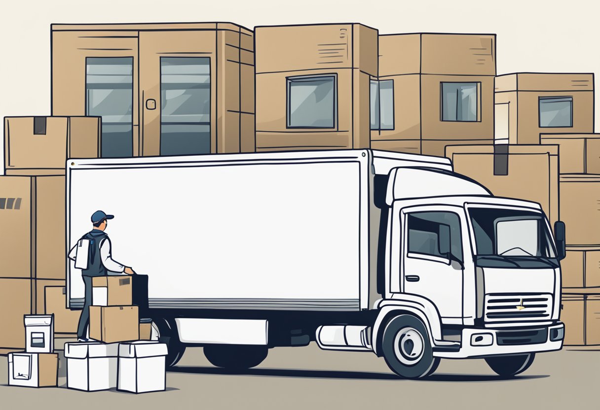 A man working for a moving company stands next to a white truck