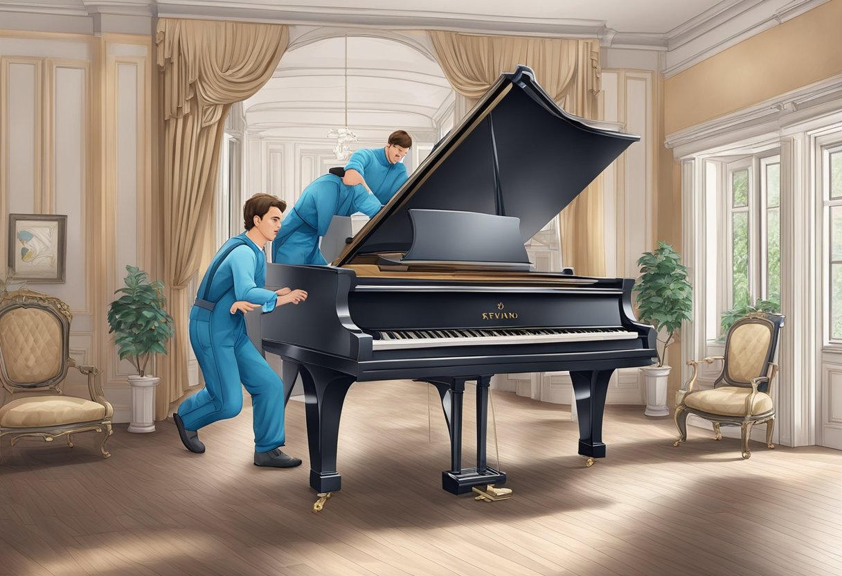 Three men in blue uniforms moving a large black piano