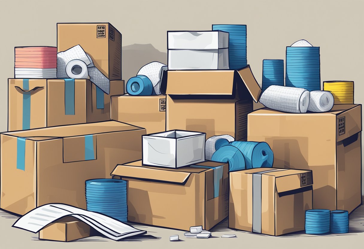 A heap of carton boxes and paper rolls