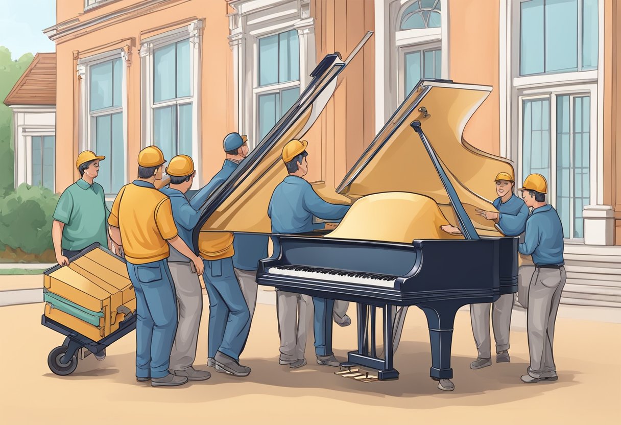 Several men in the process of moving a large piano