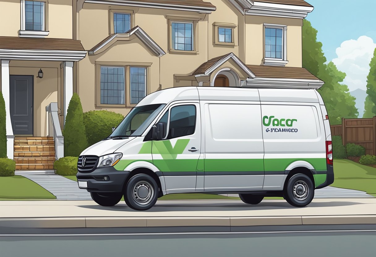 A white and green van parked in front of a suburban home